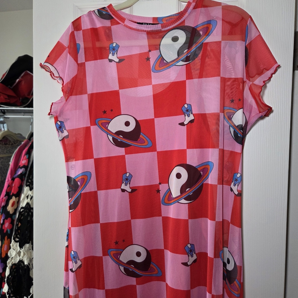 Red Checkered Graphic T-Shirt Dress